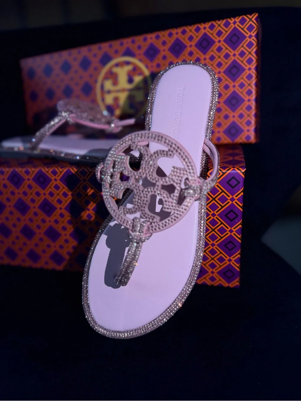 Tory Burch Lilac Crystal Logo Thong Sandals